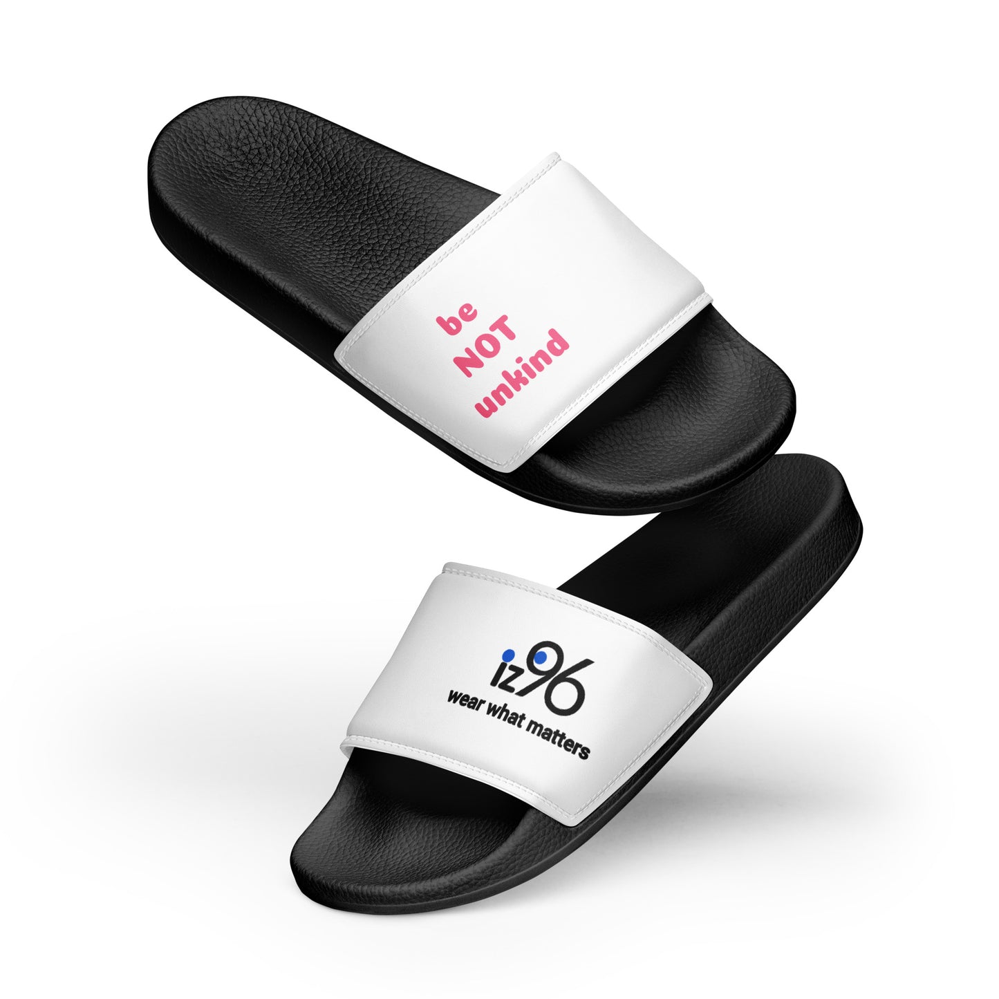Black slides with white straps featuring text on a white background