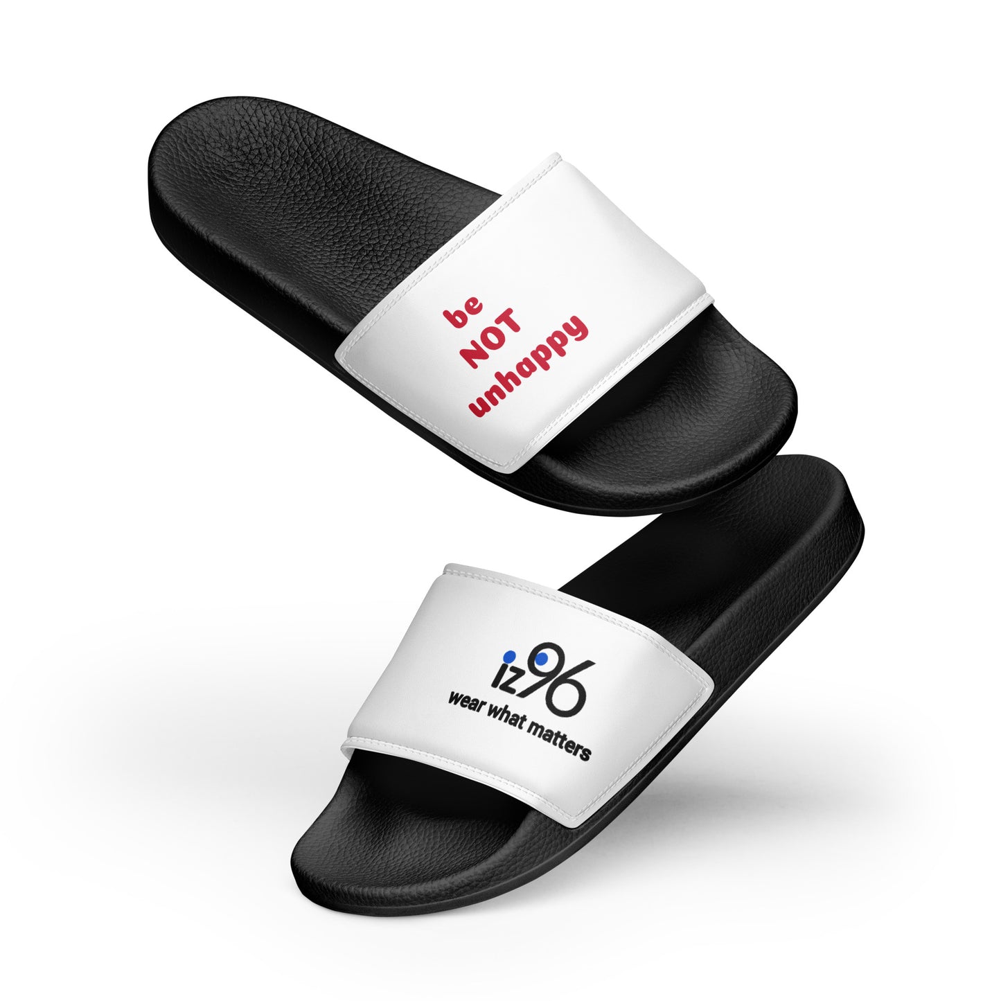 Black slides with white straps featuring text on a white background