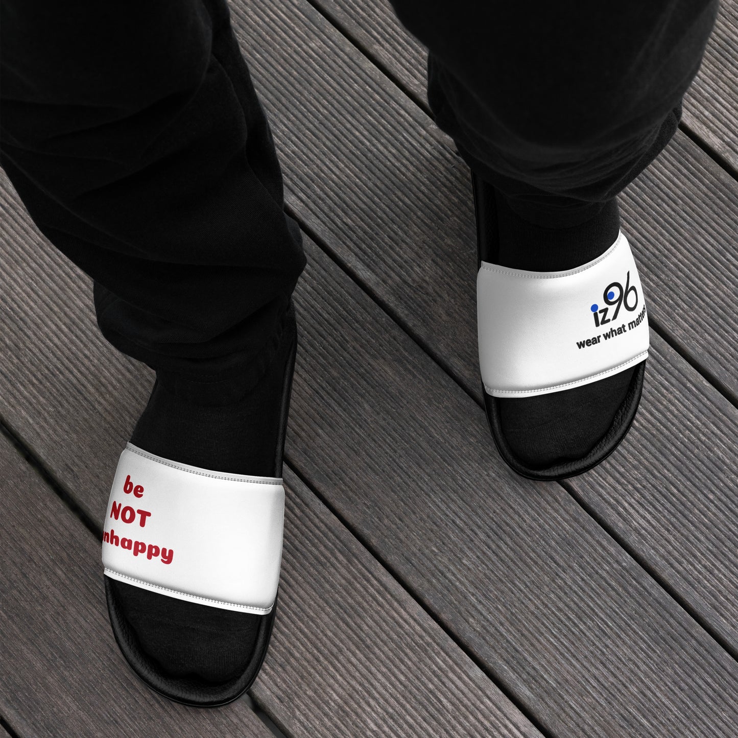 Black and white slides with text on a wooden floor