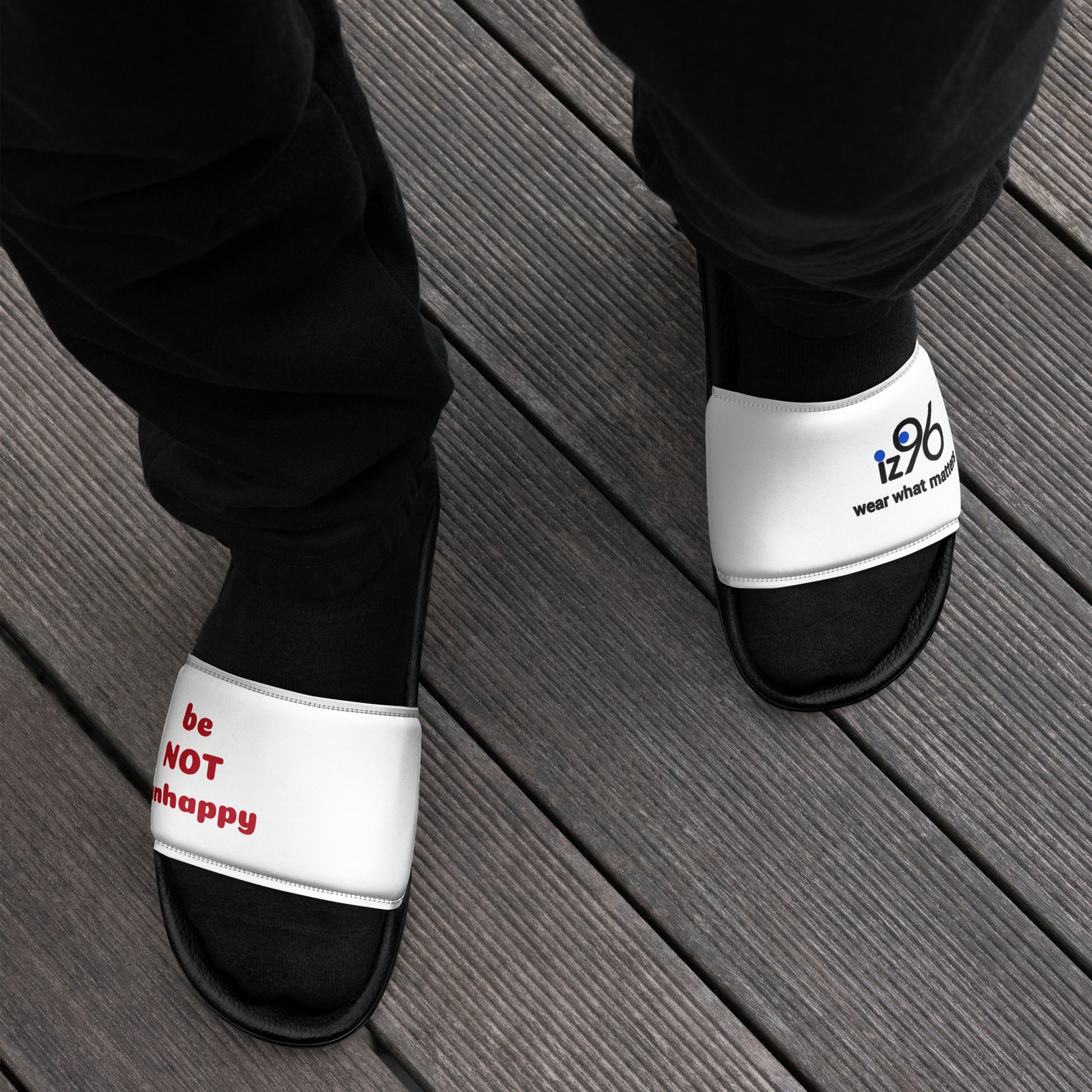 Black and white slides with text on a wooden floor