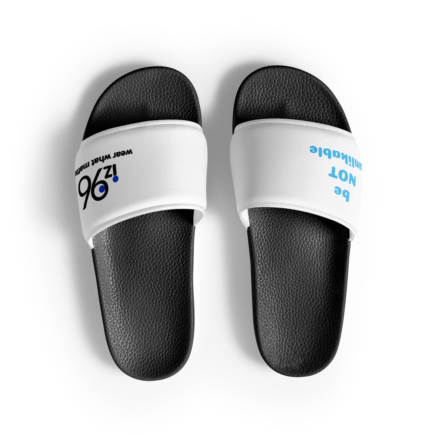 Black slides with white straps featuring text on a white background