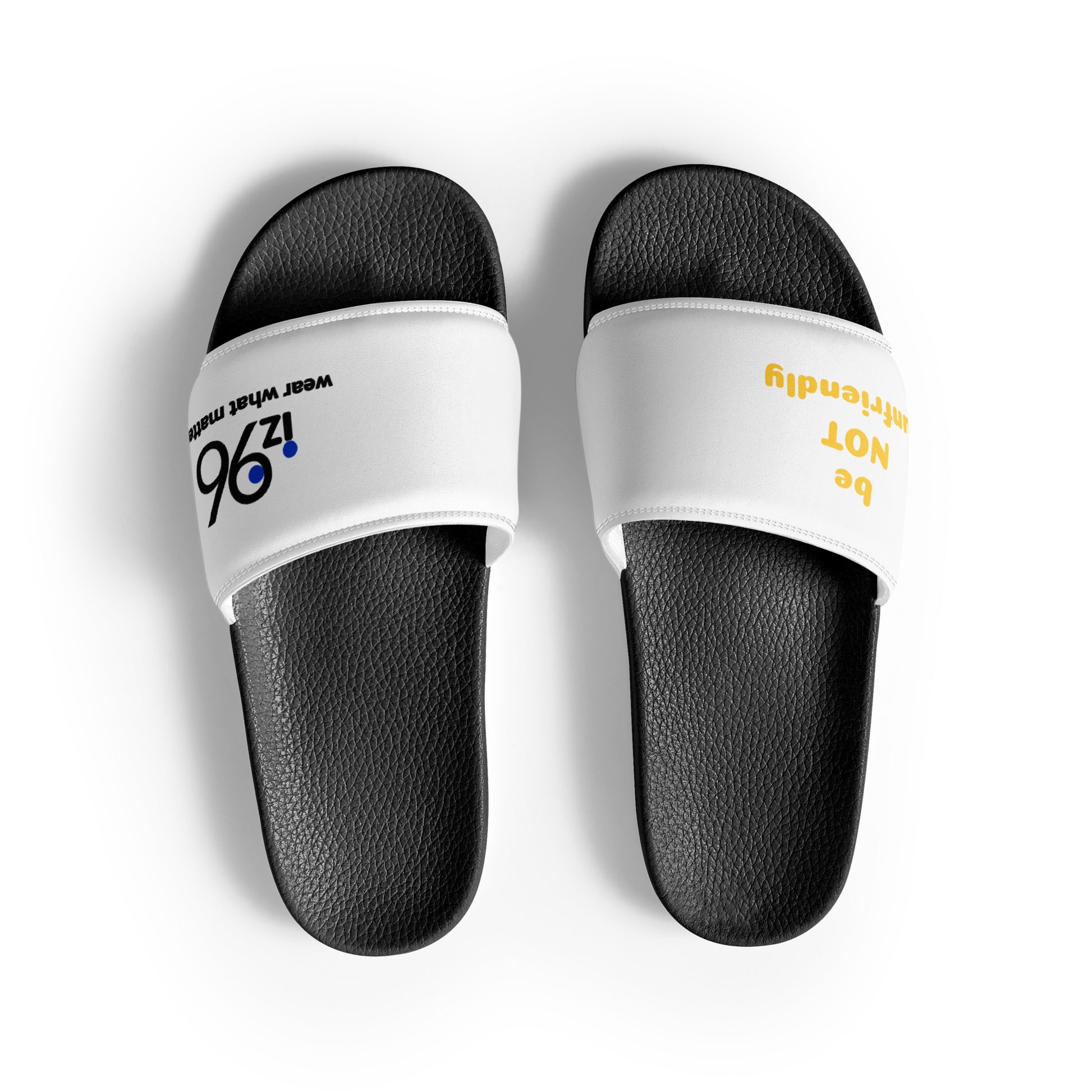 Black slides with white straps featuring text on a white background