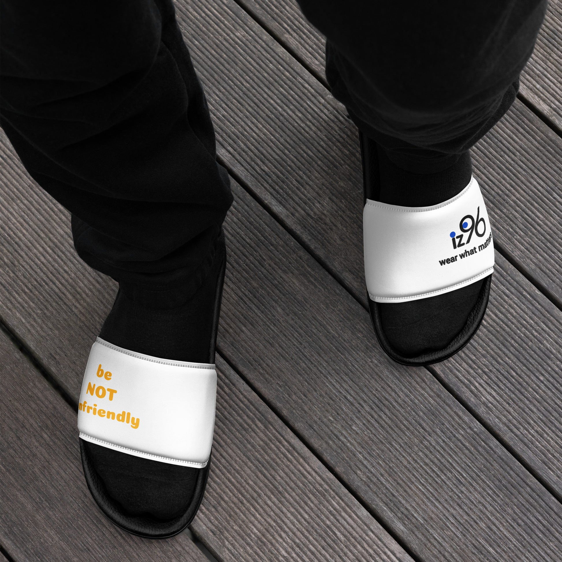 Black and white slides with text on a wooden floor