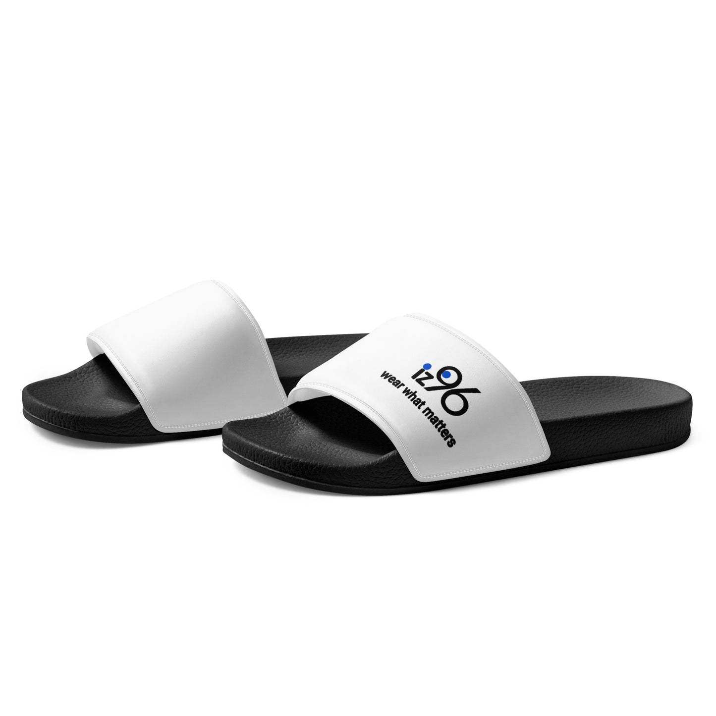 Black and white slides with 'iz96 wear what matters' branding on a white background