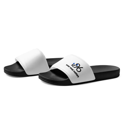 Black and white slides with 'iz96 wear what matters' branding on a white background