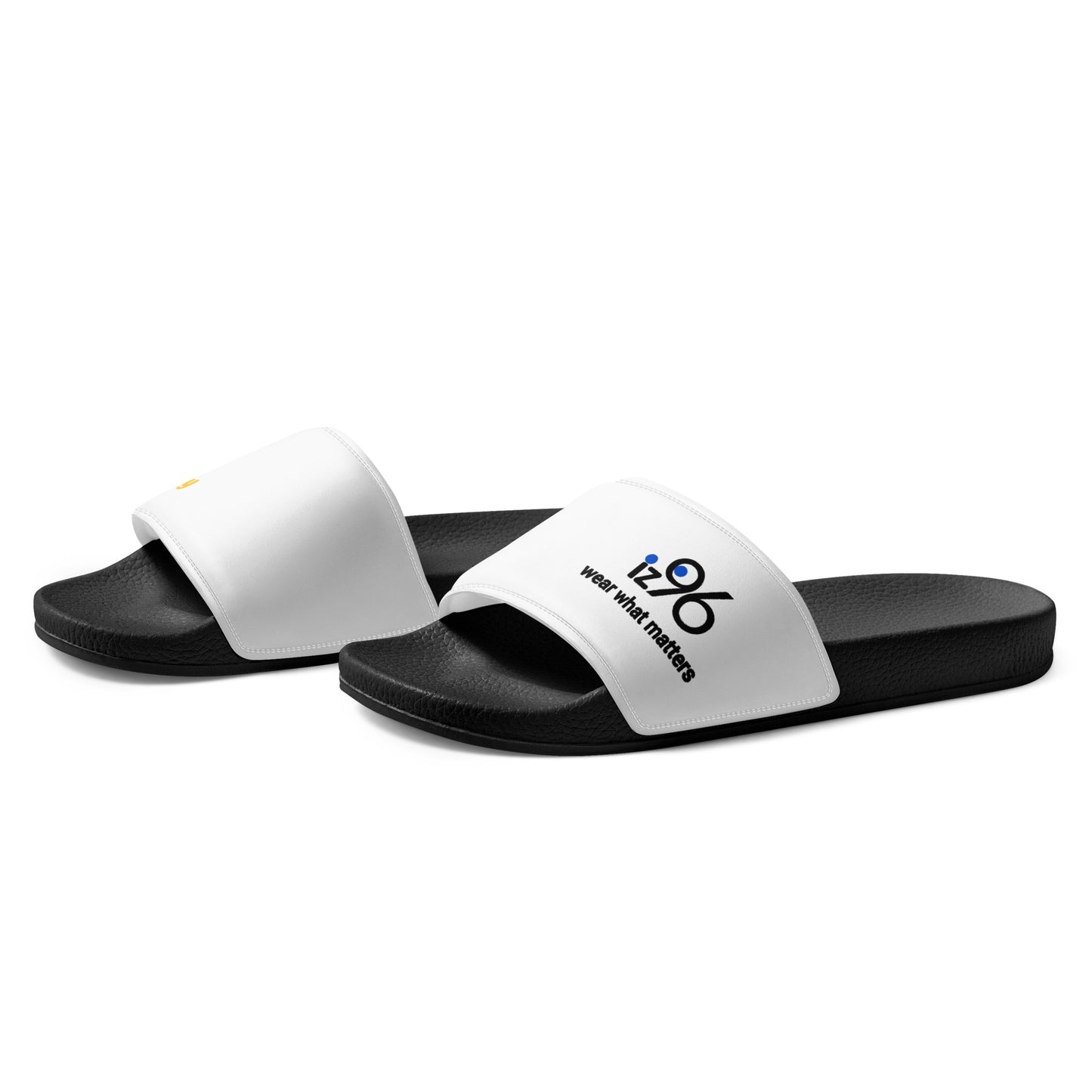 Black and white slides with 'iz96 wear what matters' branding on a white background