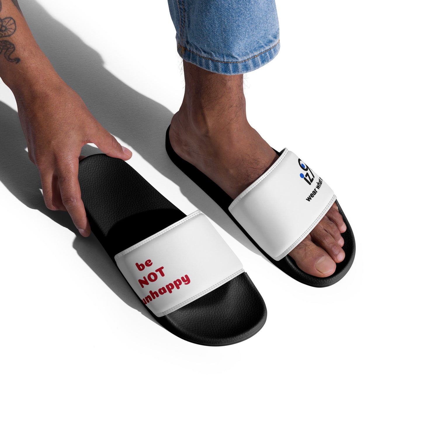 Black and white slides with a 'be not unhappy text' on a white background