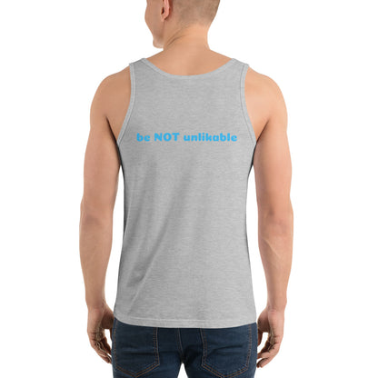 Person wearing a gray tank top on a white background