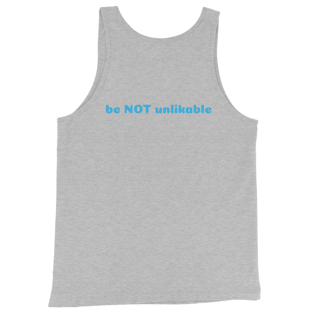 Gray tank top with blue text 'be NOT unlikable' on a white background