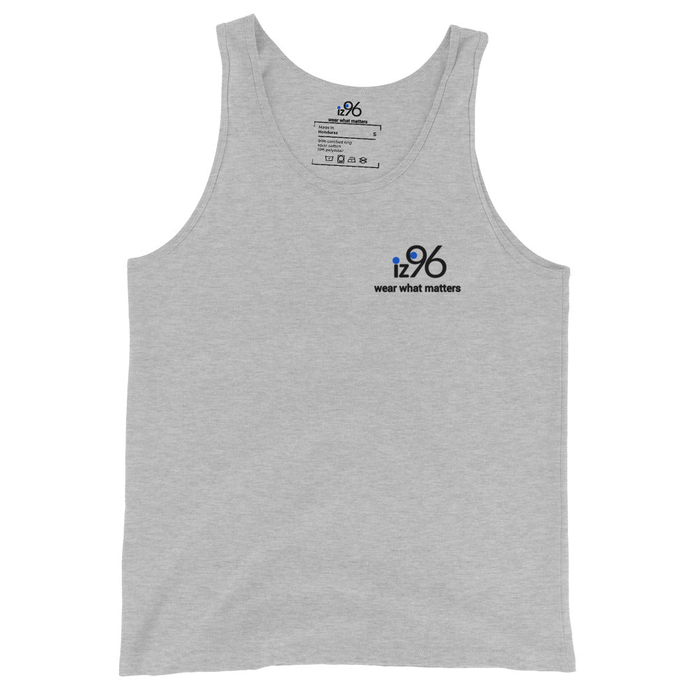 Gray tank top with a logo and text on a white background