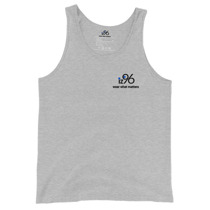 Gray tank top with a logo and text on a white background