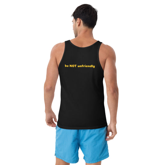 Man wearing a black tank top and blue shorts on a white background