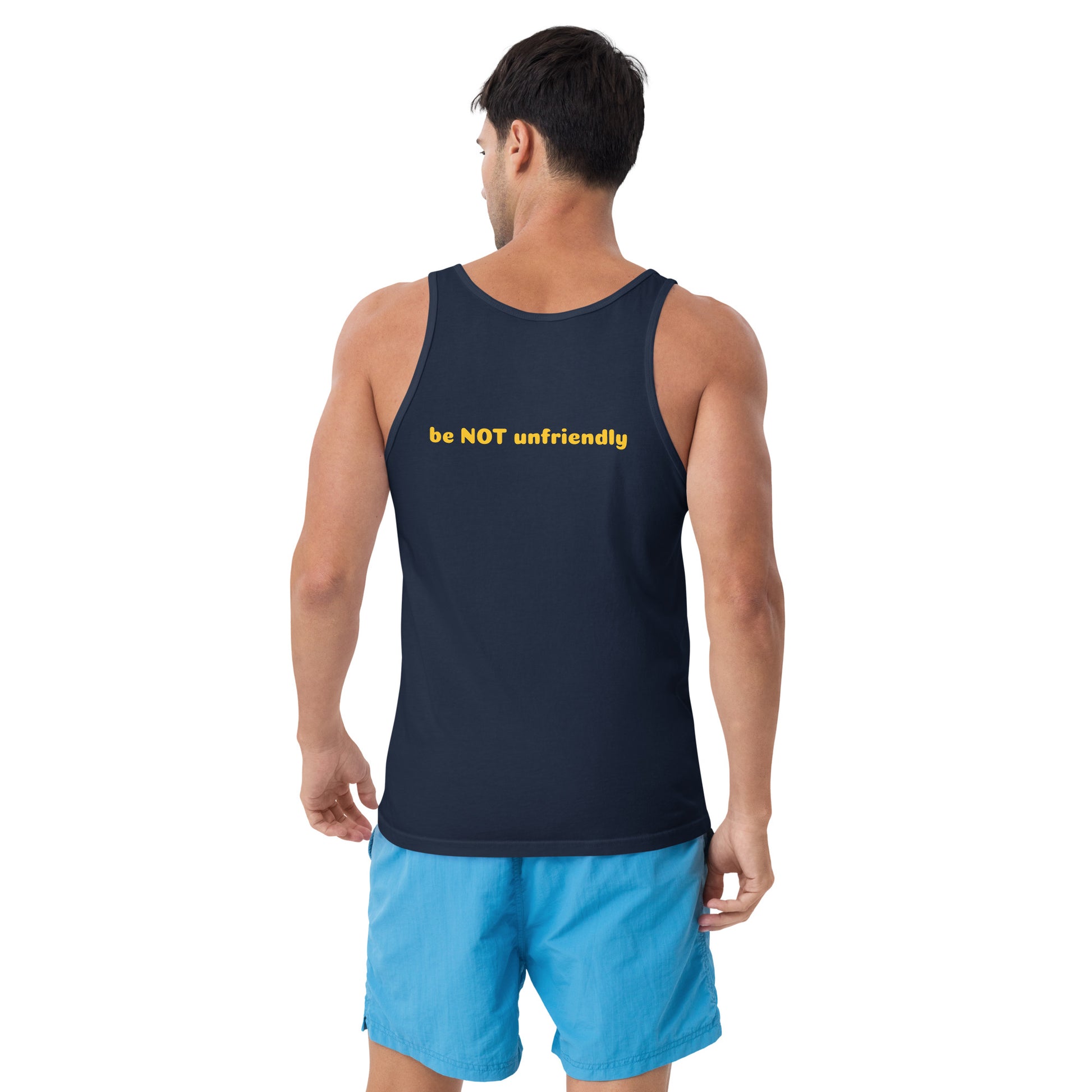 Man wearing a navy tank top with yellow text and blue shorts on a white background