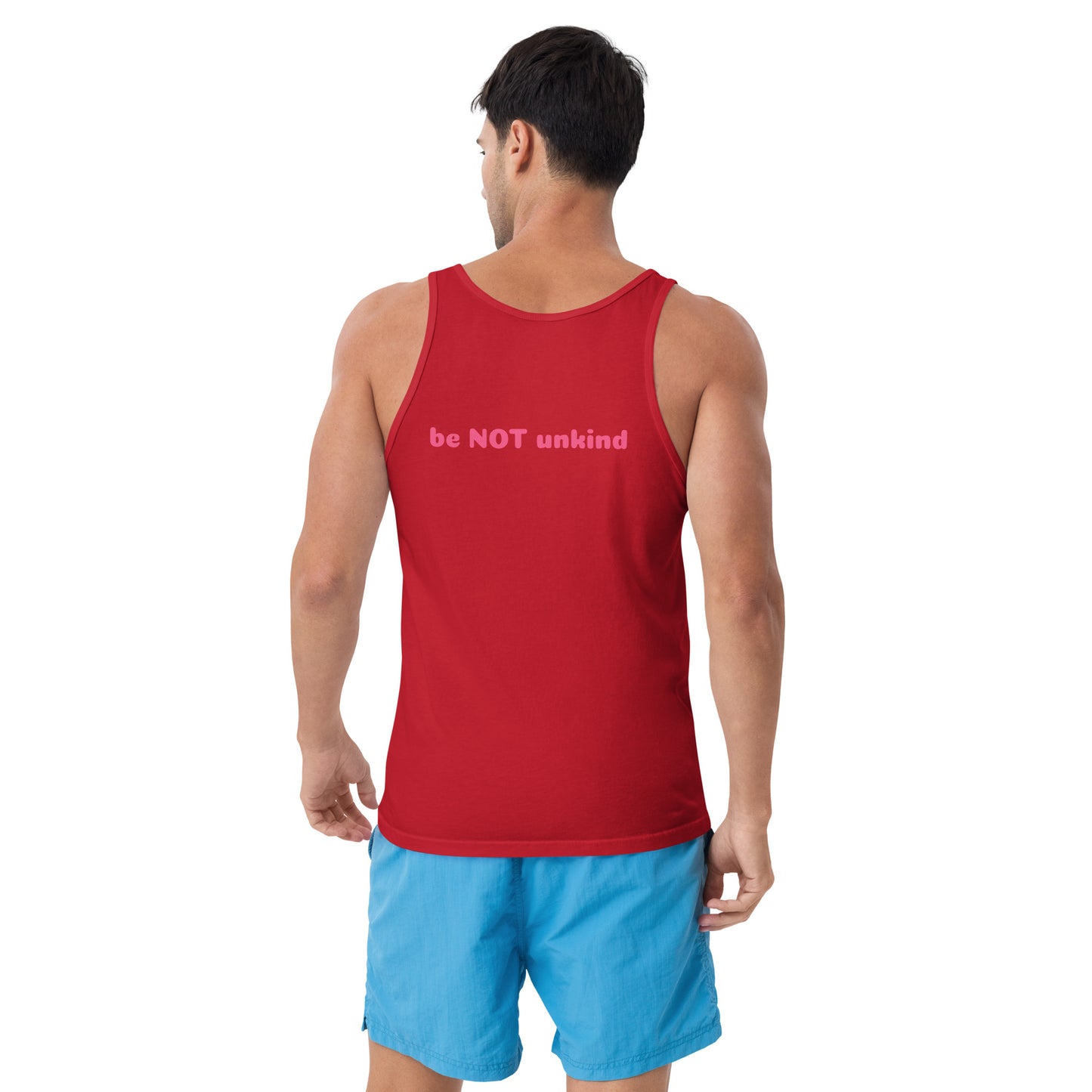 Man wearing a red tank top and blue shorts on a white background