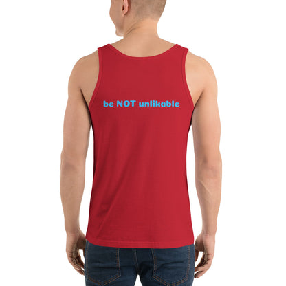Red tank top with 'be NOT unlikable' text on a white background