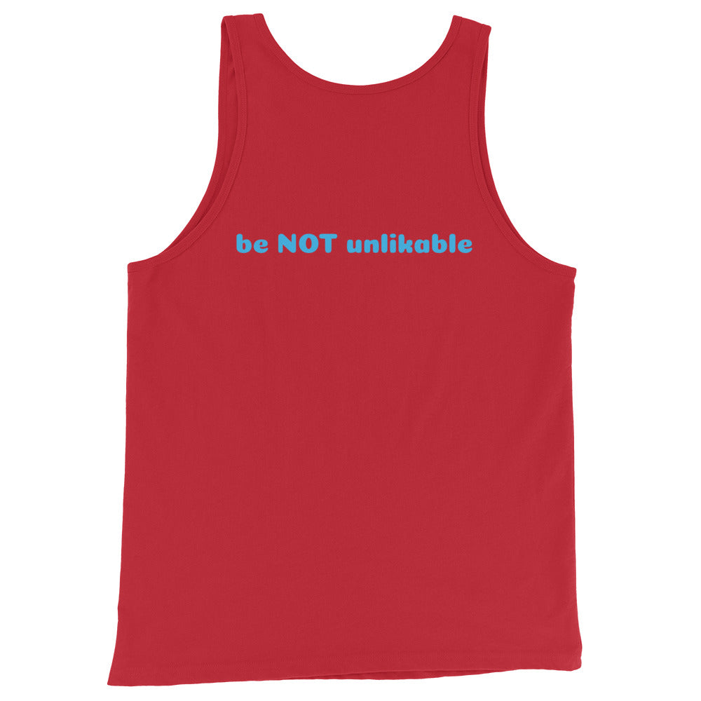 Red tank top with 'be NOT unlikable' text on a white background