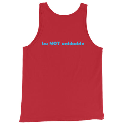 Red tank top with 'be NOT unlikable' text on a white background