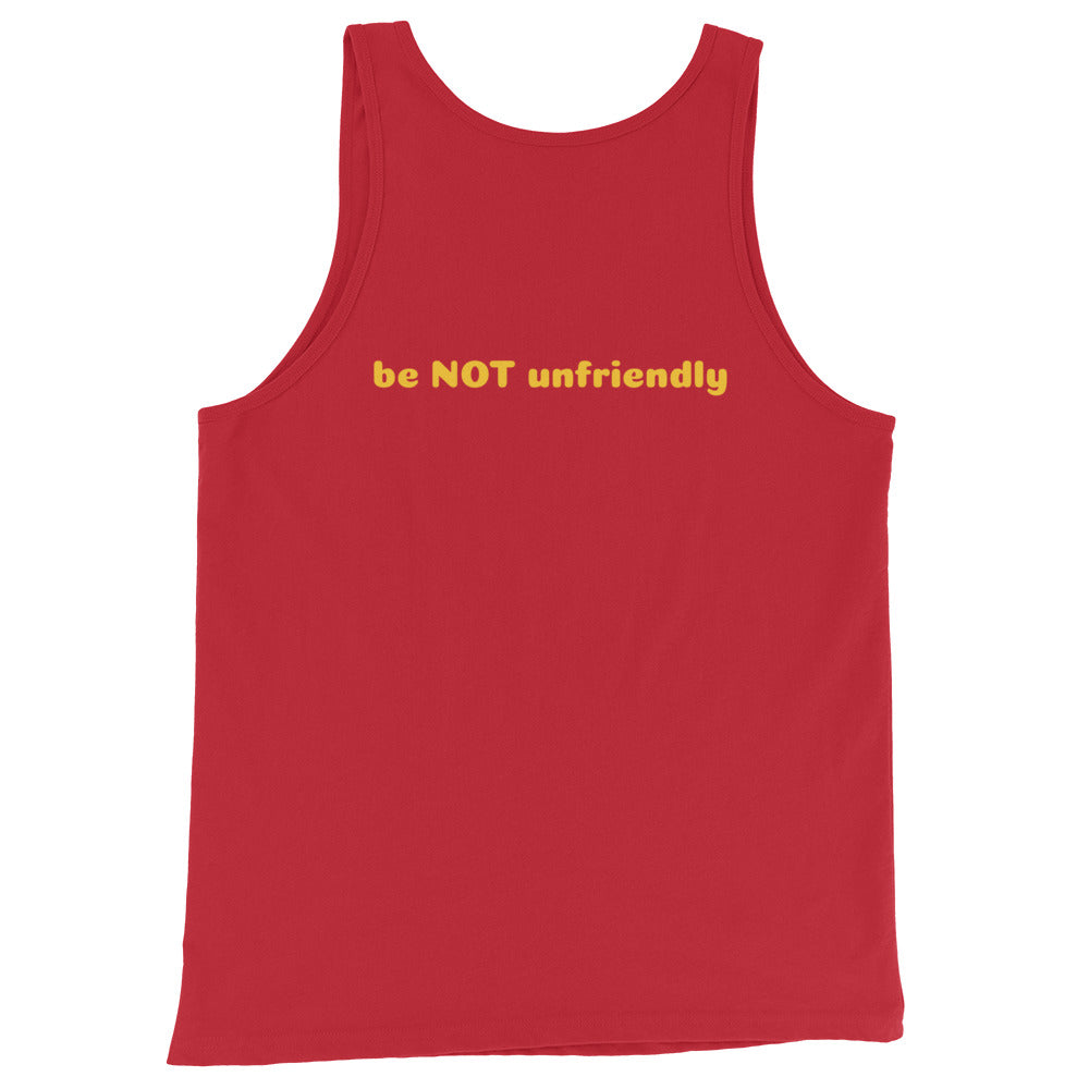 Red tank top with yellow text 'be NOT unfriendly' on a white background