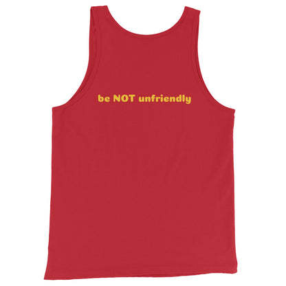 Red tank top with yellow text 'be NOT unfriendly' on a white background