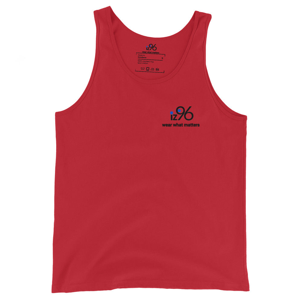 Red tank top with a logo and text on a white background