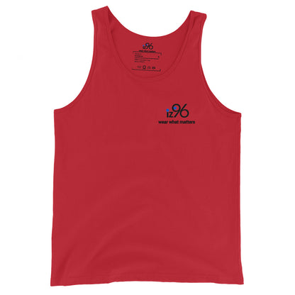 Red tank top with a logo and text on a white background