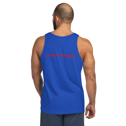 Man wearing a blue tank top with 'be not unhappy' text on the back against a white background
