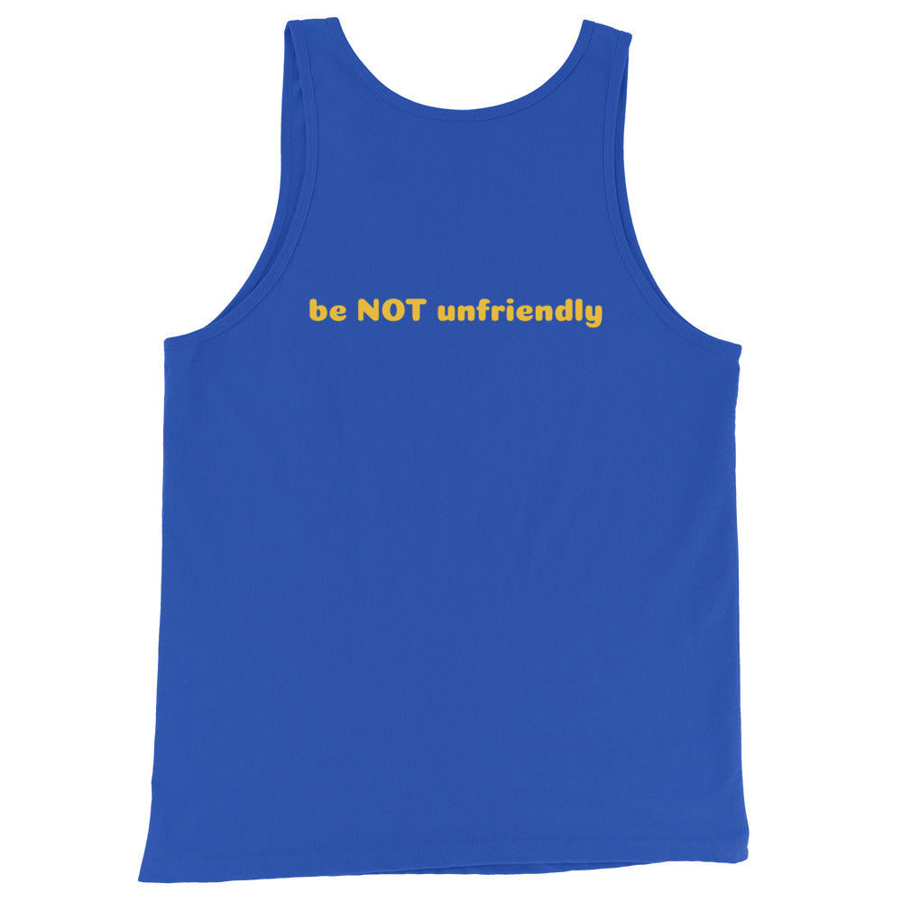 Blue tank top with yellow text 'be NOT unfriendly' on a white background