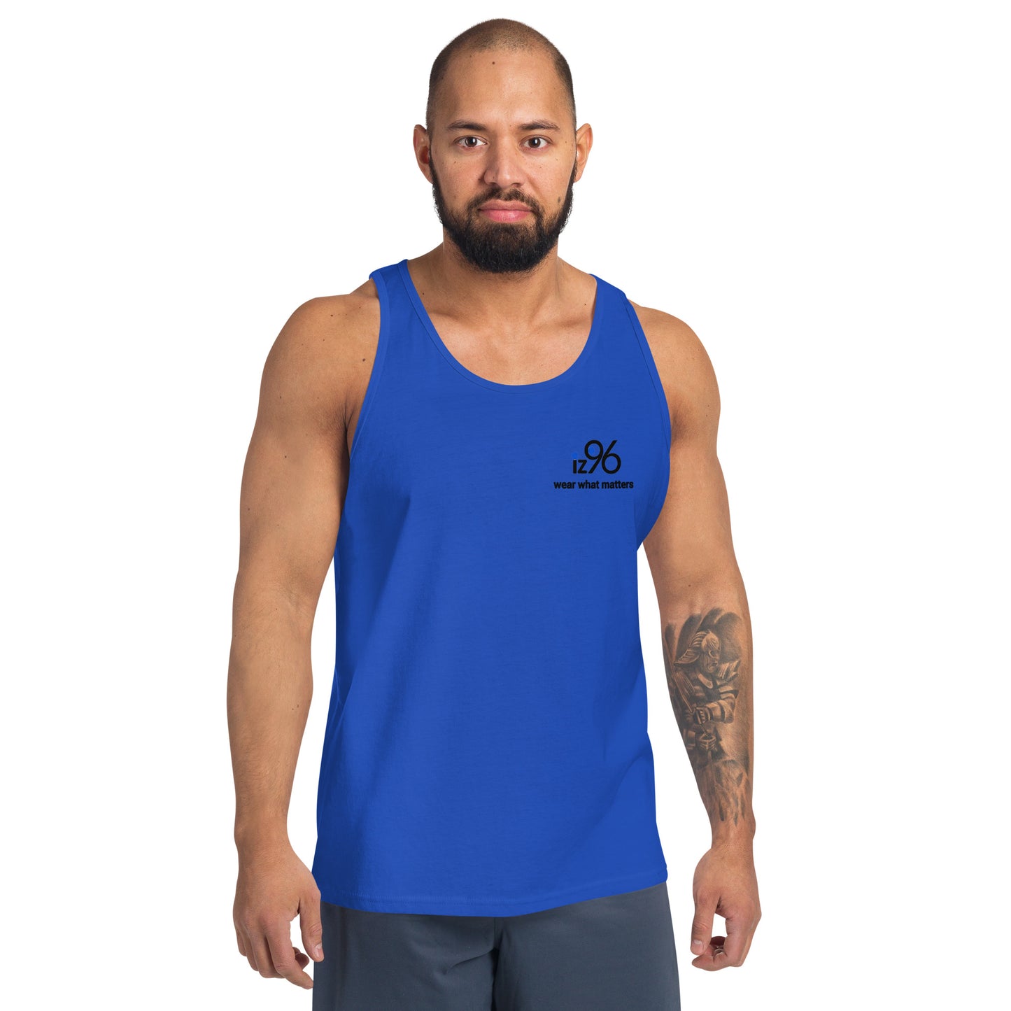 Man wearing a blue tank top with a logo on a white background