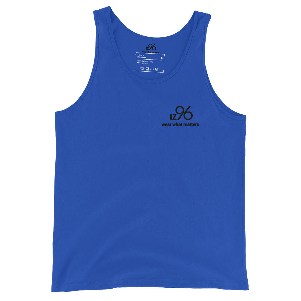 Blue tank top with black logo and text on a white background