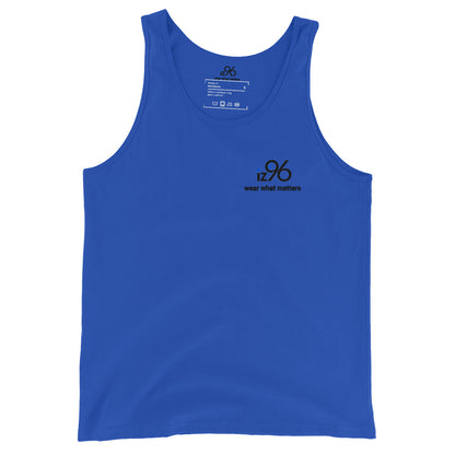Blue tank top with black logo and text on a white background