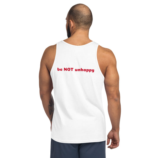 Man wearing a white tank top with text on the back, standing against a white background