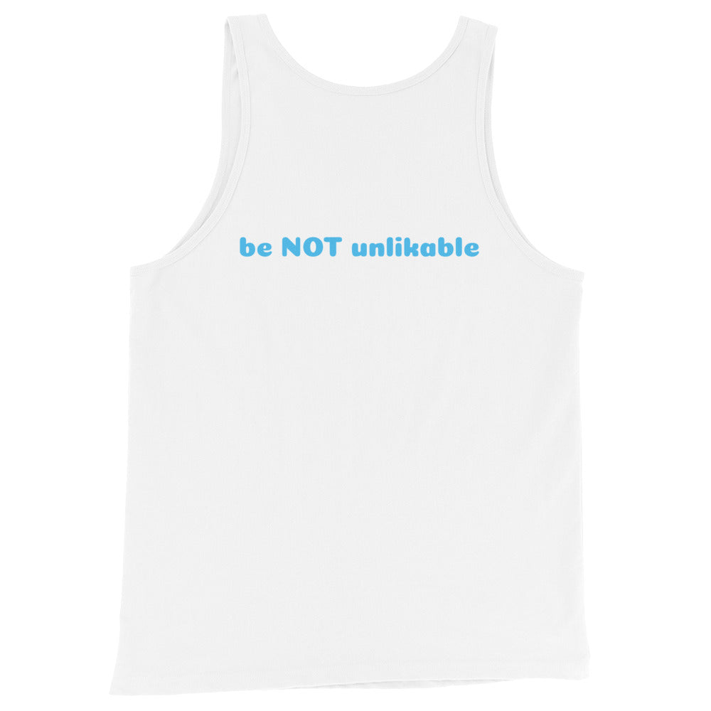 White tank top with 'be NOT unlikable' text on a white background