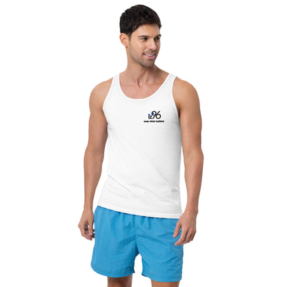 Man wearing a white tank top and blue shorts on a white background