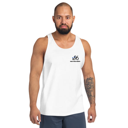 Man wearing a white tank top with a small logo on a white background