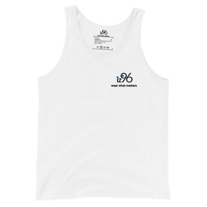 White tank top with a logo and text on a white background