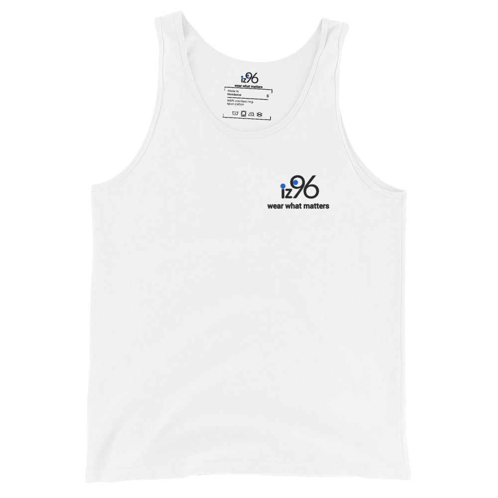 White tank top with a logo and text on a white background