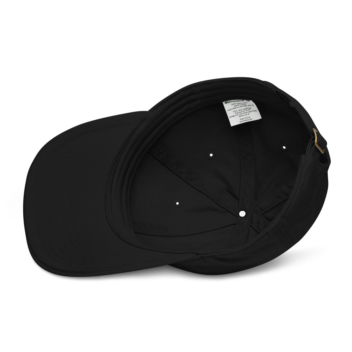 Black cap with a visible brand label on a white background