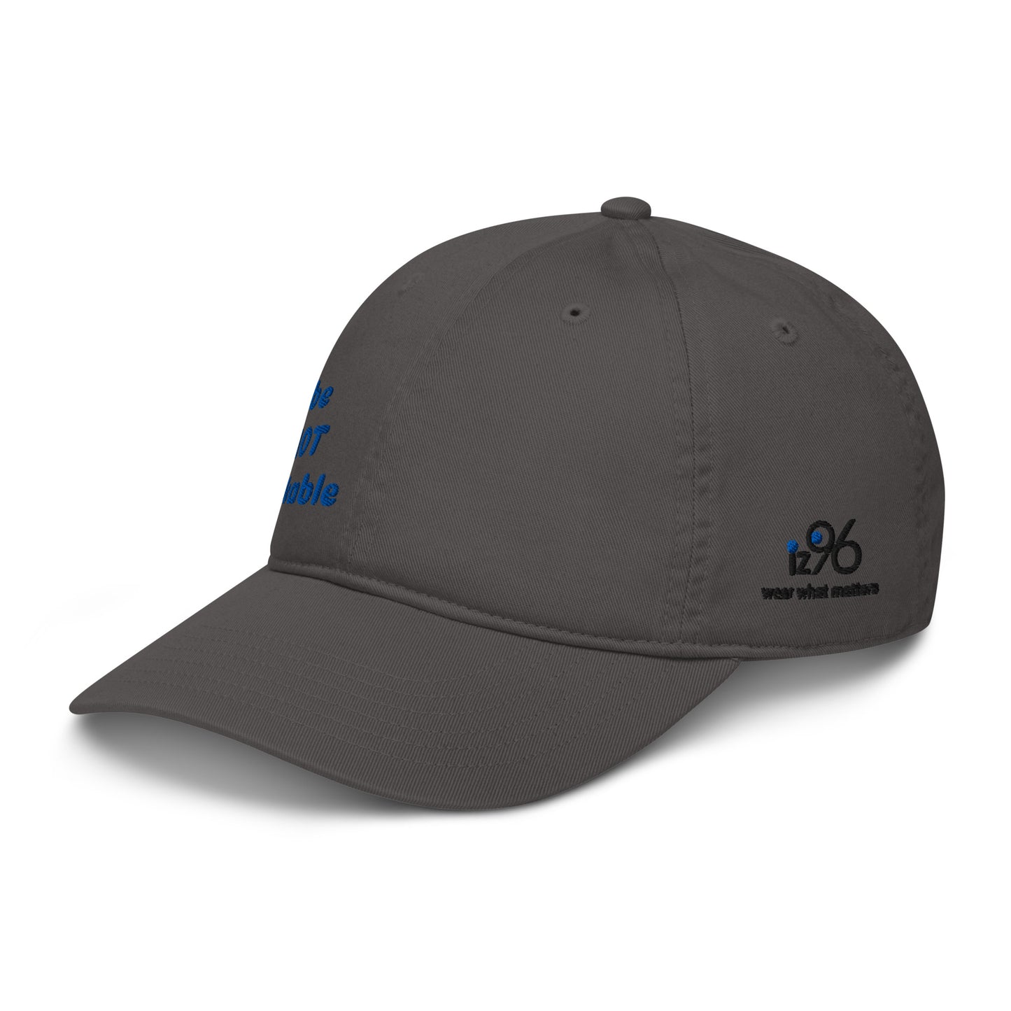 charcoal cap with 'wear what matters' text on a white background