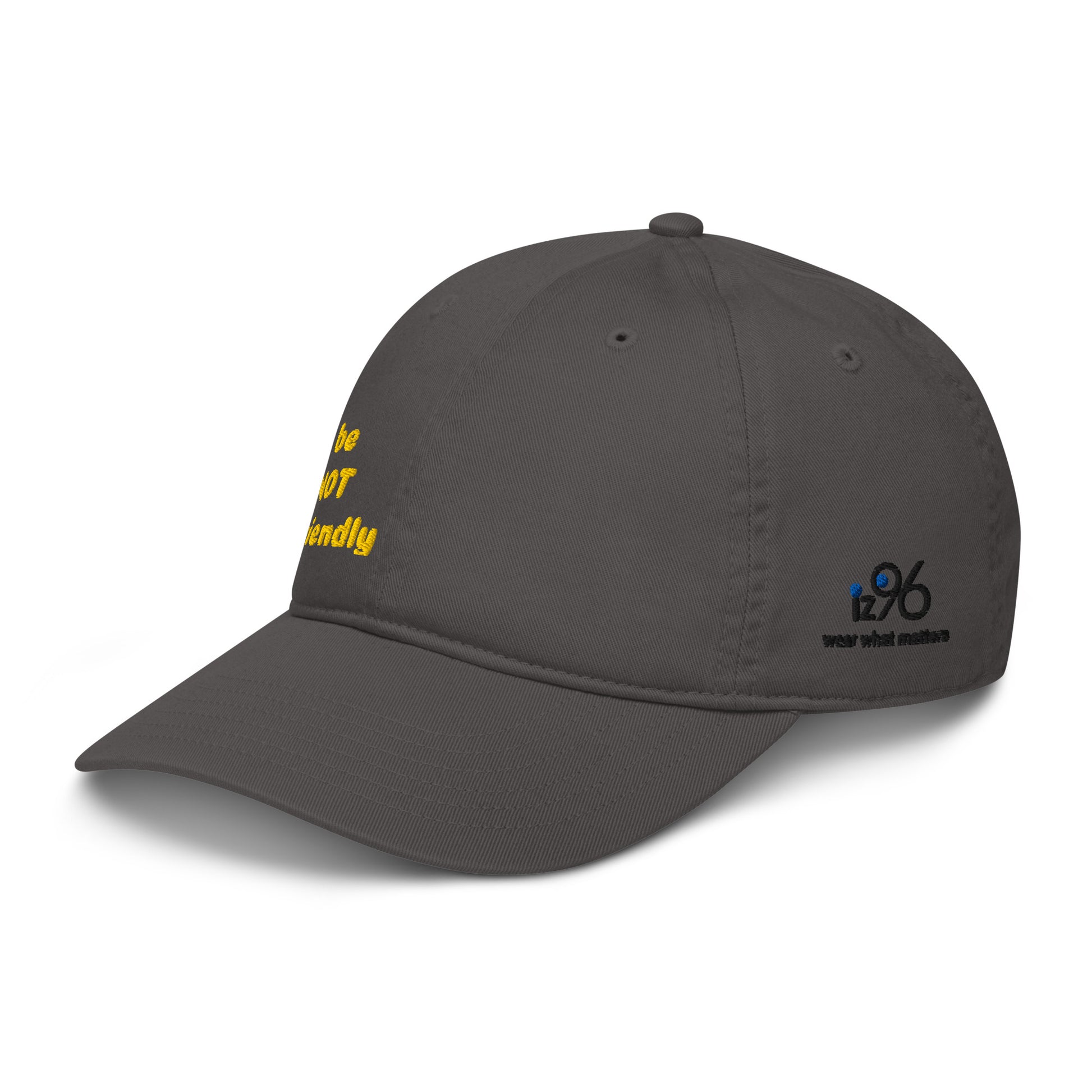 Gray cap with yellow text and a logo on a white background