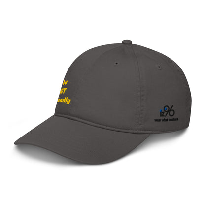 Gray cap with yellow text and a logo on a white background