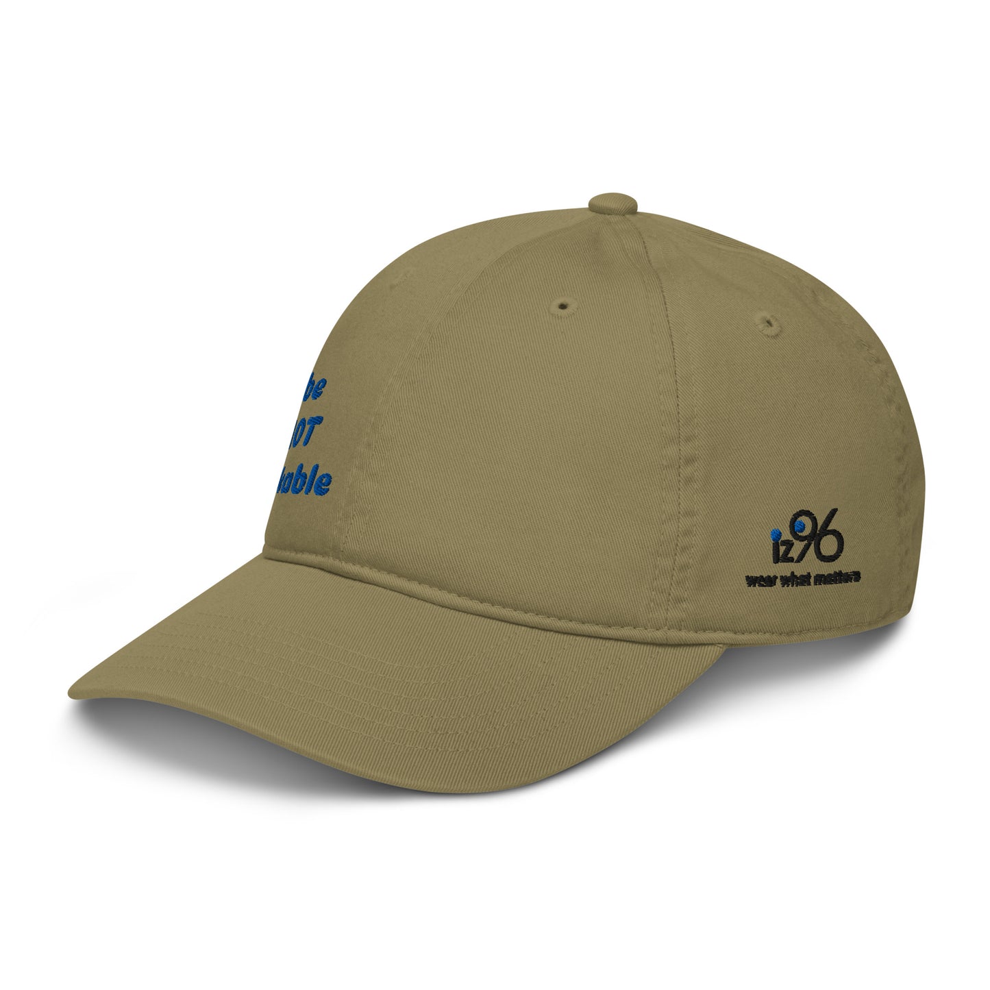 Khaki cap with blue and black text on a white background