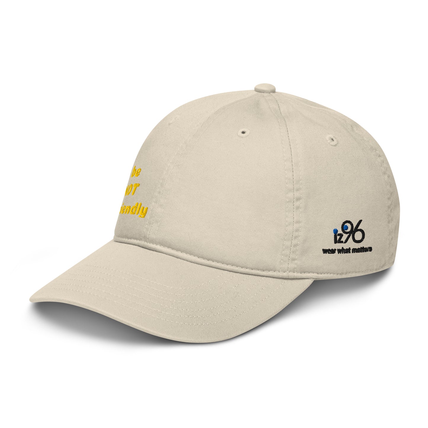 Beige cap with yellow text and black logo on a white background