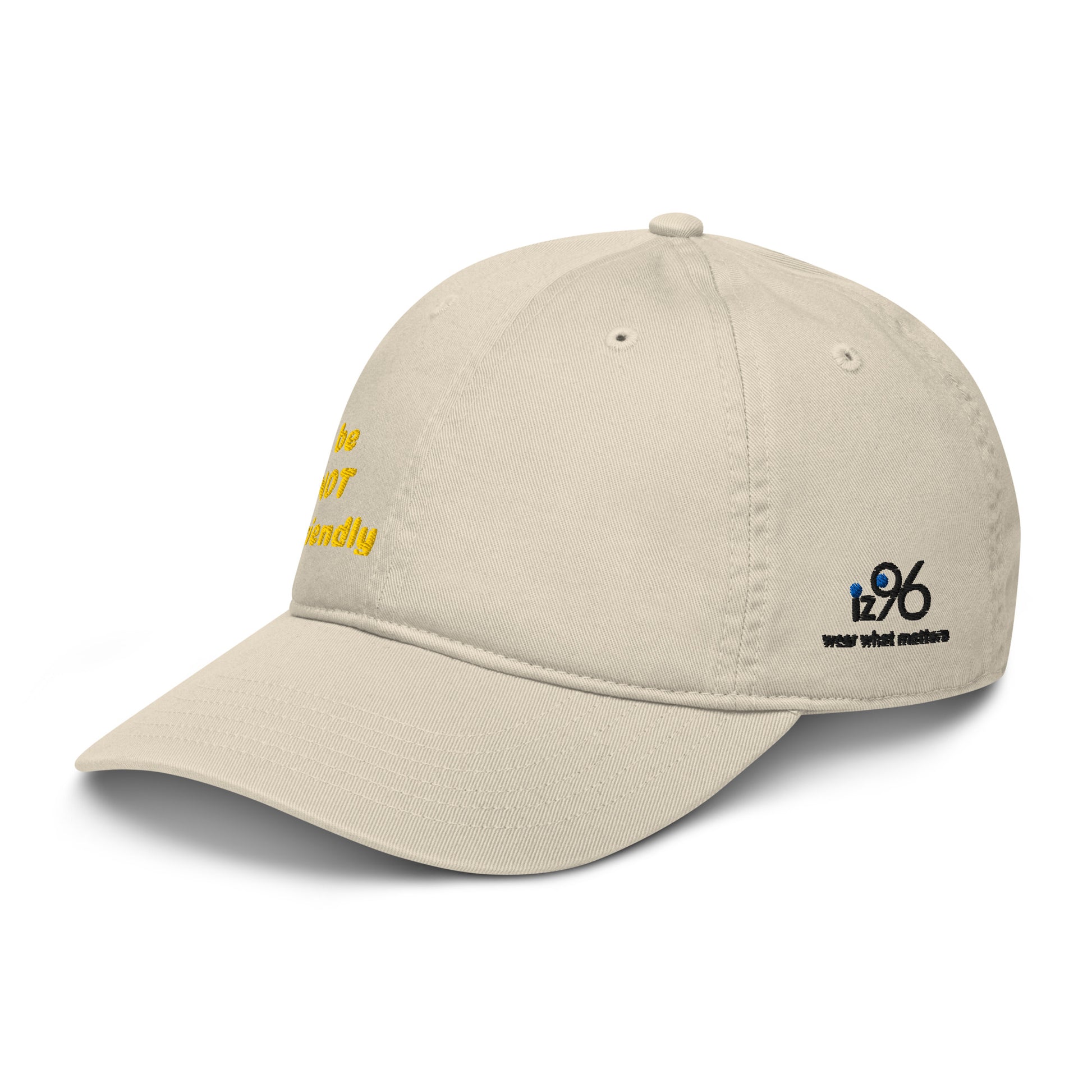 Beige cap with yellow text and black logo on a white background