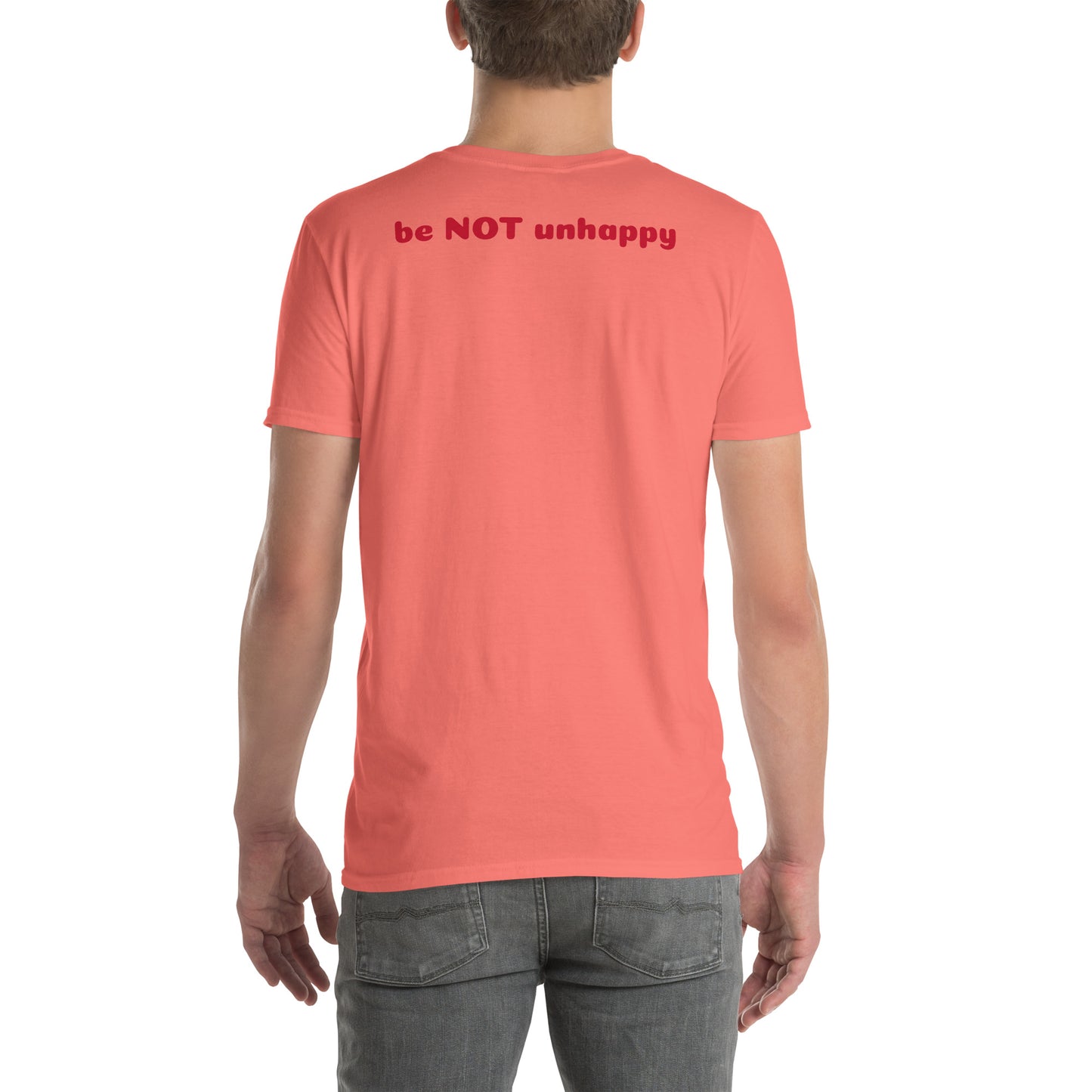 Person wearing a coral t-shirt on a white background