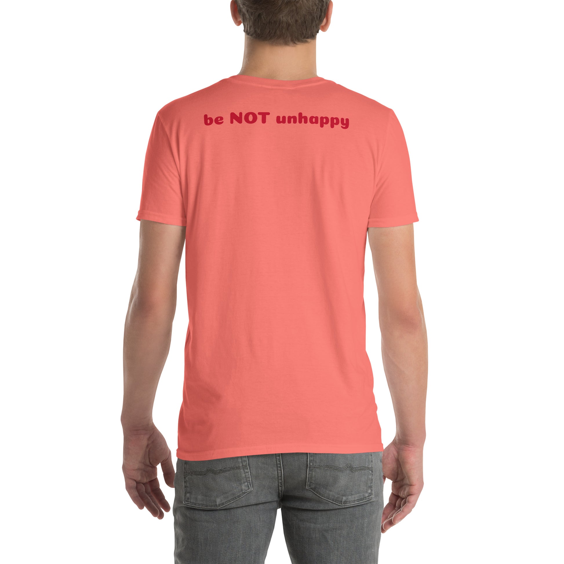 Person wearing a coral t-shirt on a white background