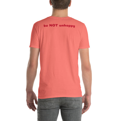 Person wearing a coral t-shirt on a white background