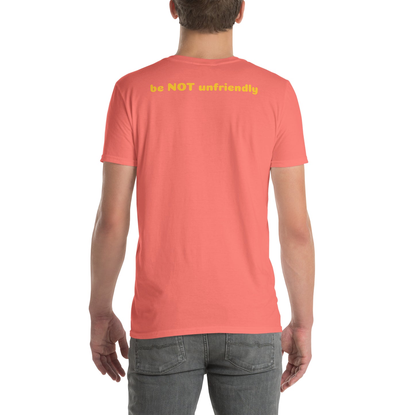 Person wearing a coral t-shirt on a white background