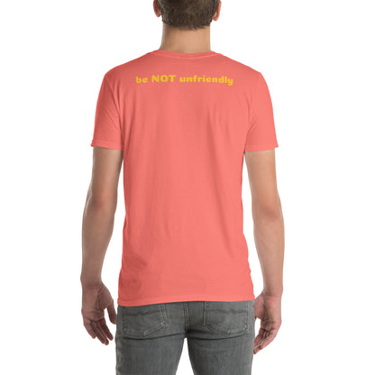 Person wearing a coral t-shirt on a white background