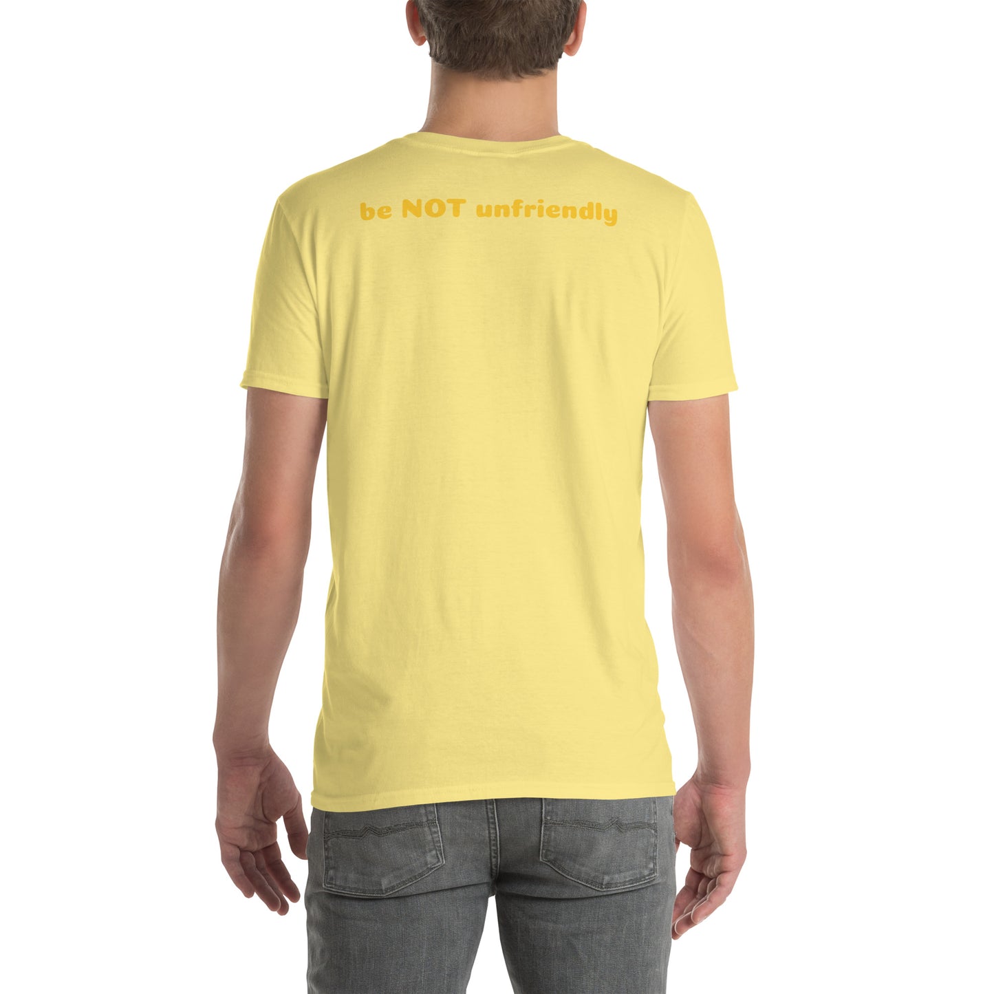 Person wearing a yellow t-shirt with a logo on the back, standing against a white background