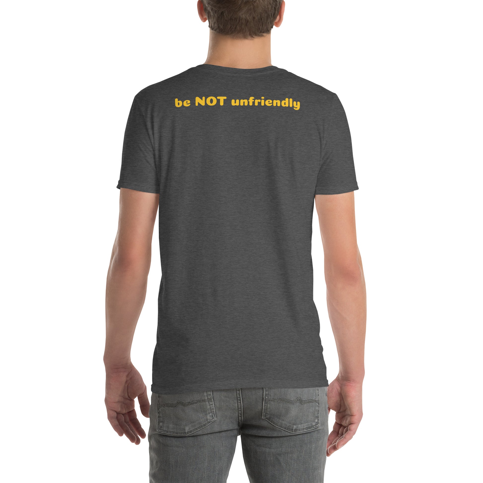 Person wearing a dark gray t-shirt with yellow text on the back, standing against a white background.